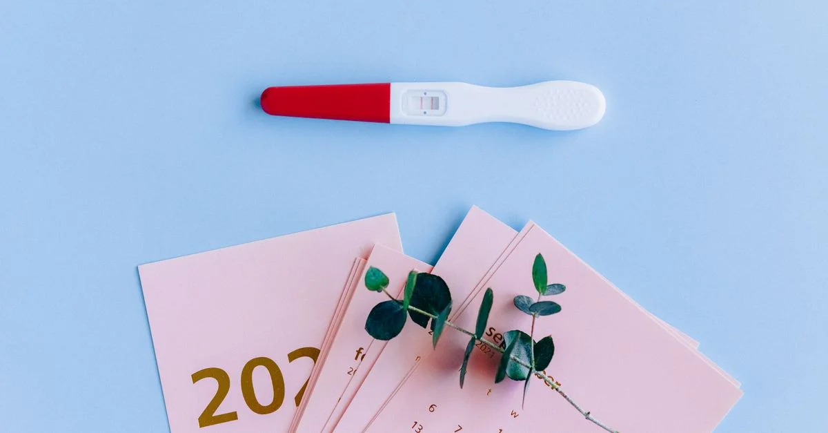 Test de grossesse sur un agencement pastel avec un calendrier et une branche d'eucalyptus, symbolisant de nouveaux départs.
