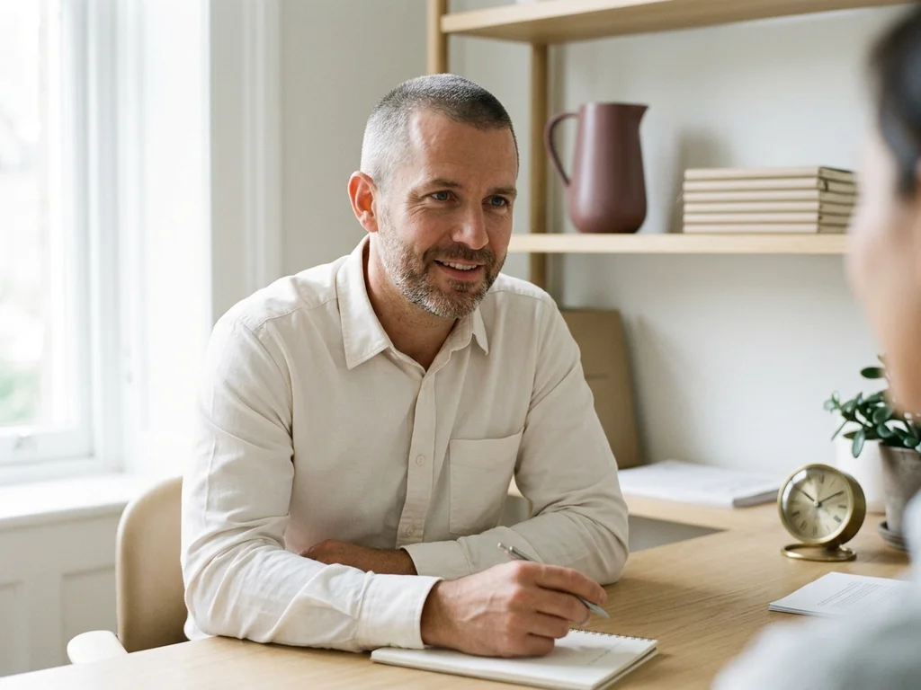Thomas Kerbrat, expert bien-être, en consultation dans un bureau lumineux et apaisant.